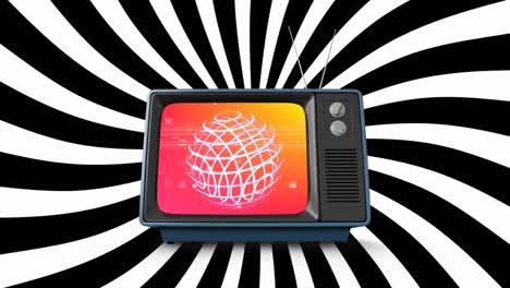 Animation-of-vintage-tv-and-globe-on-striped-black-and-white-background