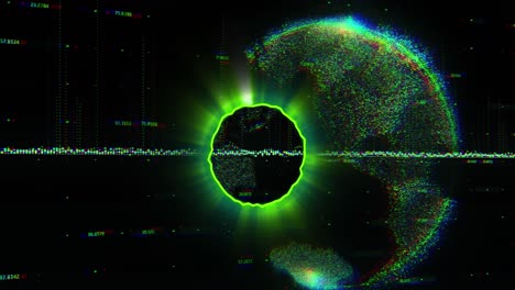 Animation-Eines-Grünen-Kreises-über-Diagramm-Und-Globus-Auf-Schwarzem-Hintergrund