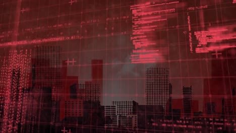 Animation-of-red-data-processing-over-grid-and-cityscape