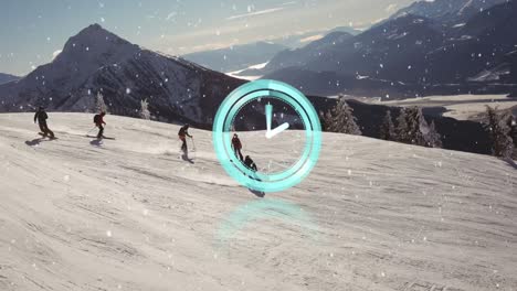 Animation-of-circular-scanner-with-clock-hands-over-skiers-on-snow-covered-mountain-peaks