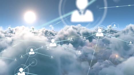 Animation-of-network-of-connections-over-clouds-in-sky