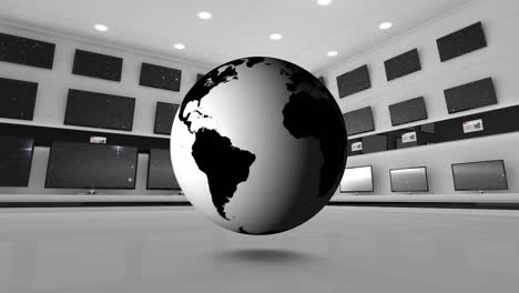 Animation-of-globe-over-wall-with-tv-screens