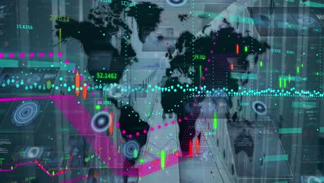 Animation-Der-Finanzdatenverarbeitung-über-Der-Weltkarte-Vor-Leerem-Computerserverraum