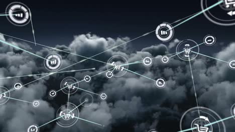 Animation-Des-Netzwerks-Von-Verbindungen-über-Dem-Himmel-Mit-Wolken