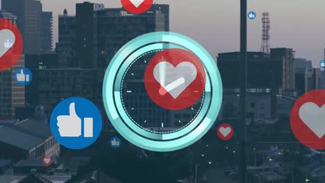 Animation-of-clock-and-love-and-like-icons-over-cityscape