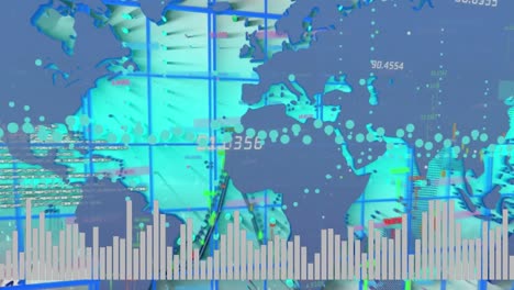 Animation-of-financial-data-and-graphs-over-world-map-and-blue-digital-screen