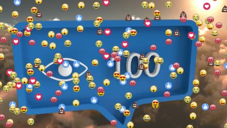 Animation-of-emojis-flying-over-eye-icon-and-numbers-on-blue-banner