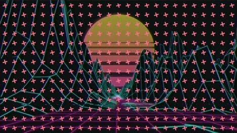 Animation-of-crosses-over-metaverse-landscape-with-sun