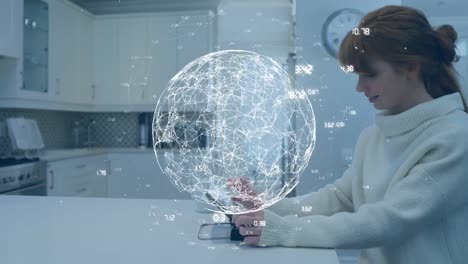 Animation-of-globe-made-of-connections-and-numbers-over-caucasian-woman-using-tablet-at-home