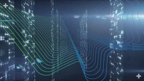Animation-of-waves,-lights-and-servers-in-navy-digital-space