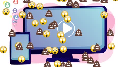 Animation-of-emoticons-falling-over-computer-screen-and-tablet