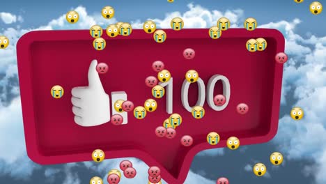 Animation-of-emoticons-floating-over-like-social-media-reaction-and-clouds