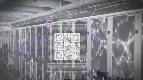Animation-of-qr-code,-networks,-data-processing-over-computer-servers