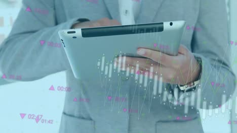 Animation-of-financial-graphs-over-midsection-of-caucasian-businessman-using-tablet