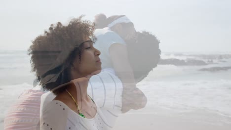 Animation-of-african-american-parents-and-daughter-playing-on-beach-over-woman-meditating-on-beach
