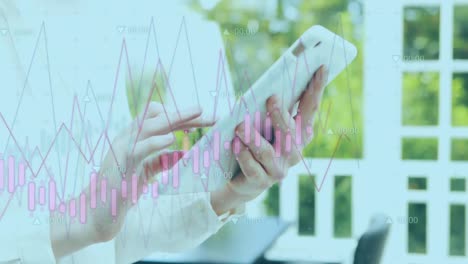 Animation-of-financial-graphs-over-hands-of-caucasian-woman-using-tablet
