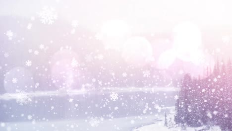 Animation-Von-Fallendem-Schnee-Und-Scheinwerfern-über-Einer-Winterlandschaft-Mit-Bäumen