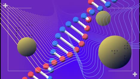 Animation-of-shapes-over-dna-strand-on-purple-background