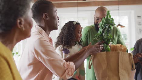 Vídeo-De-Padres-Afroamericanos-Felices-Con-Su-Hija-Y-Su-Abuela-Desempacando-La-Compra-De-Alimentos