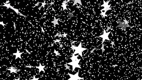 Animation-of-white-stars-and-white-particles-moving-on-black-background