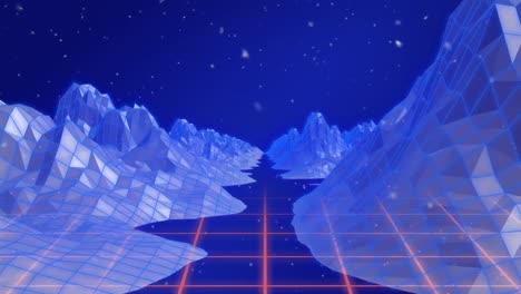 Animation-of-snow-falling-over-digital-mountains-on-blue-background