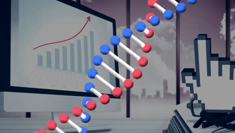 Animation-of-rotating-dna-and-digital-hand-over-computer-screen-with-graphs-in-office