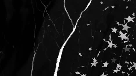 Animation-of-white-lightning-bolts-with-falling-white-stars-in-on-black-background