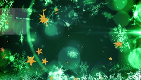 Animation-of-gold-stars-and-snow-falling-over-green-christmas-decorations