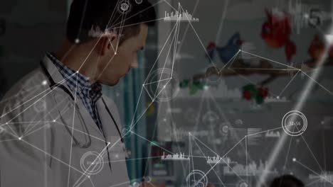 Animation-of-data-processing-and-network-of-connections-over-caucasian-male-doctor-using-smartphone