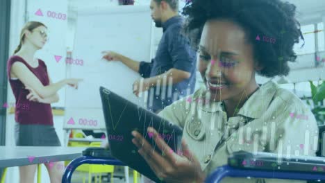 Animation-of-financial-graphs-over-happy-african-american-woman-with-disability-using-tablet