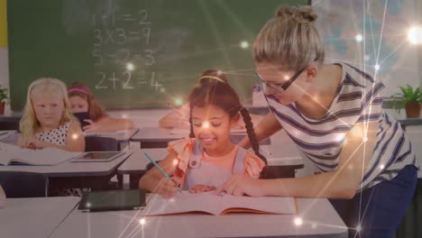 Animation-of-network-of-connections-over-biracial-girl-and-caucasian-female-teacher-in-classroom