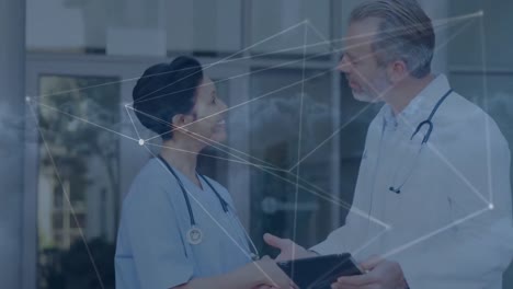 Animation-of-data-processing-and-network-of-connections-over-diverse-doctors-talking