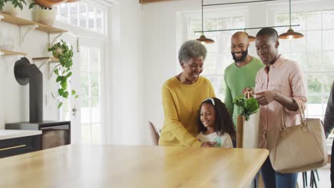 Video-of-happy-african-american-parents-with-daughter-and-grandparents,-arriving-home-with-shopping