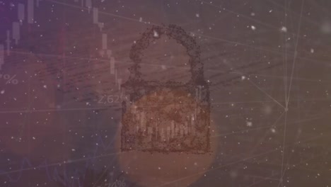 Animation-of-light,-data,-graphs-and-digital-padlock-on-brown-background