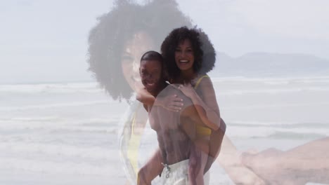 Animation-of-happy-african-american-couple-piggybacking-on-beach-over-woman-beckoning-partner-to-sea