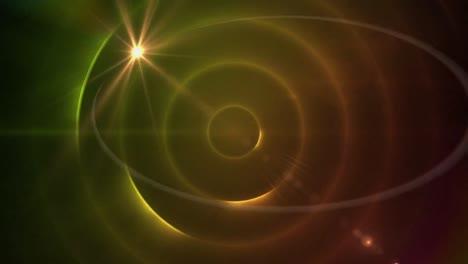 Animation-of-light-over-green-and-yellow-circles-moving-on-black-background