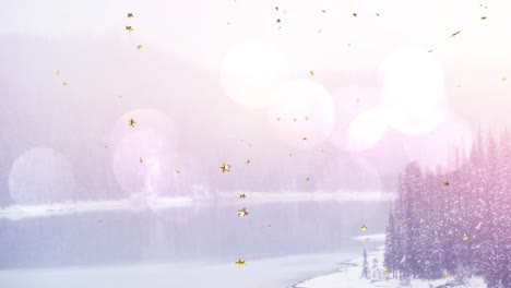Animation-of-bokeh,-stars-and-snow-falling-over-winter-forest