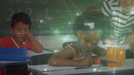 Animation-of-network-of-connections-over-african-american-girl-in-classroom
