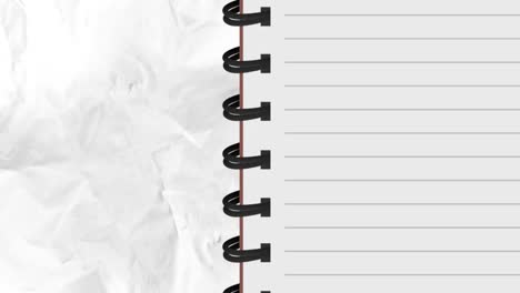Animation-of-spiral-bound-lined-notebook-over-scrunched-white-paper-texture