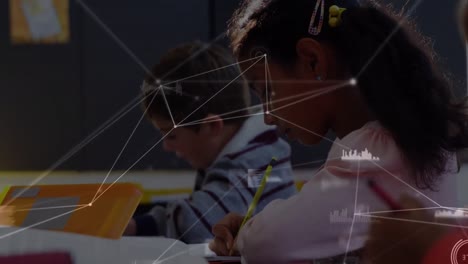 Animation-of-network-of-connections-over-hispanic-girl-in-classroom