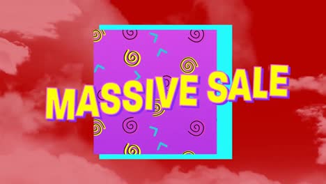 Animation-of-massive-sale-text-over-abstract-shapes-over-clouds-moving-against-red-background