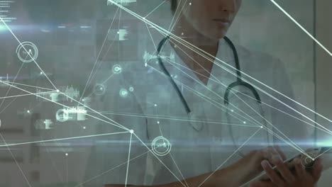 Animation-of-data-processing-and-network-of-connections-over-female-doctor-using-tablet