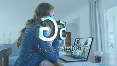 Animation-of-5g-generation-over-caucasian-woman-having-video-call-on-laptop