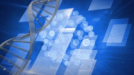 Animation-of-dna-strand-and-network-of-connections-over-squares-on-blue-background