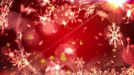 Animation-of-snow-falling-over-fir-trees-snowflake-on-red-background