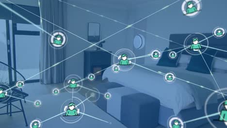 Animation-of-network-of-connections-with-icons-over-bedroom
