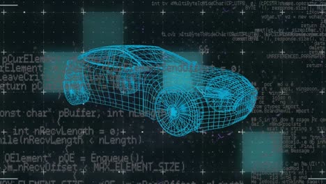 Animation-of-data-processing-and-light-trails-over-3d-car-model-against-black-background