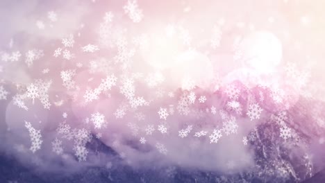 Animation-of-bokeh-and-snow-falling-over-mountain-winter-landscape