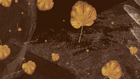 Animation-of-brown-autumn-leaves-falling-over-moving-organic-brown-pattern