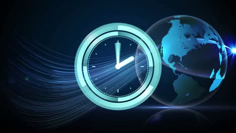 Animation-of-neon-ticking-clock-and-light-trails-over-spinning-globe-against-blue-background